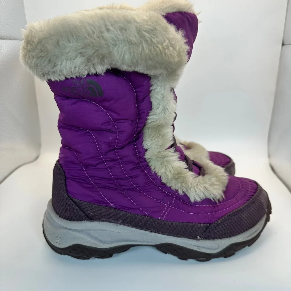The North Face Snow Boots Kids 1 Purple Faux Fur Trim Quilted Winter Gorpcore
